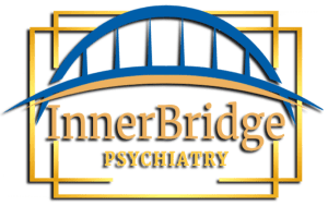 Logo for InnerBridge Psychiatry featuring a stylized blue bridge over the name in gold lettering.